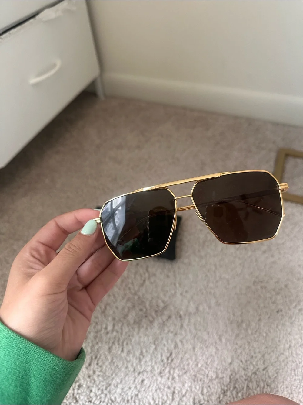 Bottega Veneta Gold Frame Brown Lens Square Aviator Sunglasses